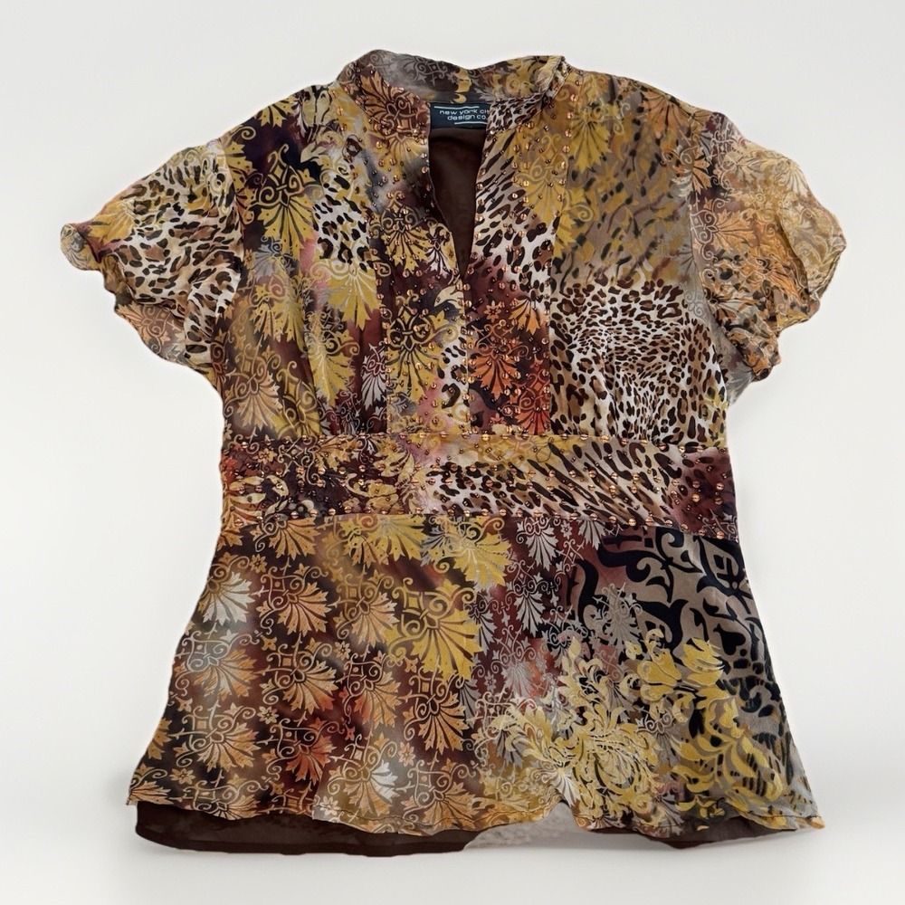 VTG Women's Silk Floral/Animal Print Babydoll Sequin Top (L) Y2K Festival Glam